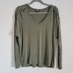 Express Long Sleeve Lace Up Shoulder Top in Green